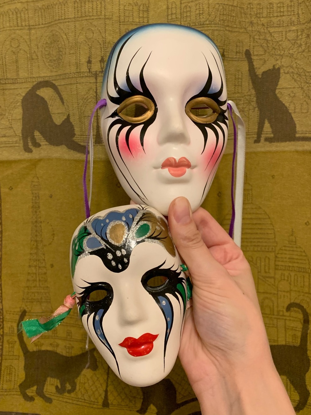 2 Venetian Masquerade Ceramic Face Masks decor Hand Painted w/ Ribbon Ties